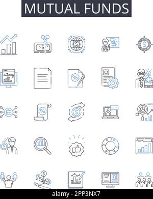 Symbolsammlung für Investmentfonds-Positionen. Aktienfonds, Anleihefonds, Wachstumsfonds, Einkommenskassen, Indexfonds, Anlageklassen, Anlagepools Vektor und Stock Vektor