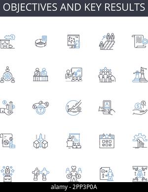 Symbolsammlung für Ziele und wichtige Ergebnisse. Finanzen, Budgetierung, Mein, Zinsen, Haben, Schulden, Kredite und lineare Darstellung. Beratung Stock Vektor
