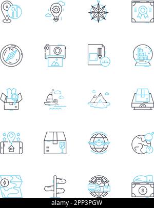 InterContinental Mobility – Lineare Symbole. Migration, Umsiedlung, Emigration, Einwanderung, Transnationalismus, Diaspora, Nomadismus-Linienvektor und Stock Vektor