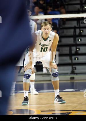 21. April 2023 - Hawaii Rainbow Warriors Jakob Thelle #10 während eines Halbfinalspiels der Big West Conference Championships zwischen der UC Santa Barbara Gauchos und den Hawaii Rainbow Warriors im Bren Events Center in Irvine, CA - Michael Sullivan/CSM Stockfoto