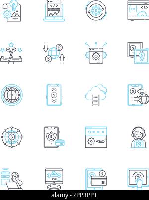 Linearer Symbolsatz für kommerzielles Management. Beschaffung, Verträge, Verhandlung, Planung, Risiko, Kosten, Budgetierung Linienvektor und Konzeptzeichen Stock Vektor