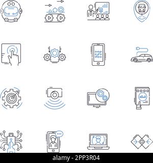 Kollektion künstlicher Intelligenz mit Liniensymbolen. Robotik, maschinelles Lernen, Nerven, Automatisierung, Cyborgs, Predictive, Voice Recognition Vector und Stock Vektor