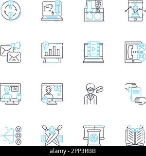 Lineare Symbole für digitale Anweisungen eingestellt. E-Learning, Online, virtuell, Entfernung, Digital, Interaktive, Multimedia-Linienvektor- und Konzeptschilder. Fernsteuerung Stock Vektor