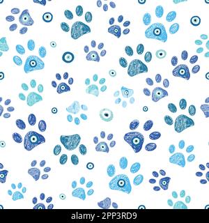 Perlen mit bösen Augen und Pfotenmuster, nahtloses Stoffdesign Stock Vektor