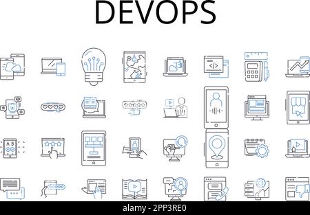 DevOps Line Icons Kollektion. Agile Entwicklung, Cloud-Computing, Digitale Transformation, kontinuierliches Lernen, Geschäftsanalysen, Maschinelles Lernen Stock Vektor