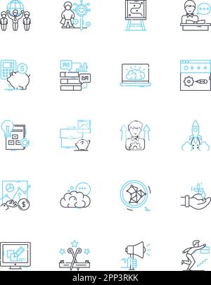 Lineare Symbole für Unternehmensstrategie festgelegt. Wachstum, Innovation, Ausrichtung, Ausführung, Agilität, Umwandlungs-, Optimierungslinienvektor- und Konzeptzeichen Stock Vektor