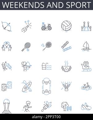 Wochenenden und Sport Line Icons Kollektion. Samstags und sportliche Aktivitäten, sonntags und körperliche Erholung, Wochenend- und Outdoor-Spiele, Ruhetage und Stock Vektor