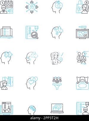 Lineare Symbole für erweiterte Systeme. Automatisierung, Präzision, Analysen, Integration, Effizienz, Optimierung, Modularitätslinienvektor und Konzeptzeichen Stock Vektor