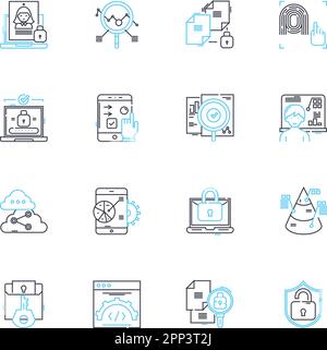 Lineare Symbole für Computerprogrammierung eingestellt. Codierung, Debugging, Algorithmen, Syntax, Funktionen, Variablen, Debugging von Linienvektoren und Konzeptzeichen. Objekt Stock Vektor