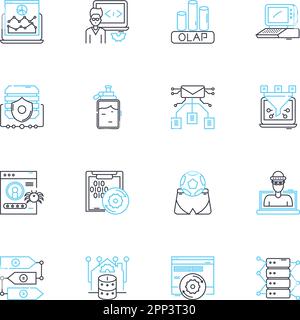 Lineare Symbole für die Berichtgenerierung festgelegt. Analytics, Automatisierung, Business, Daten, Dashboards, Dokument, Excel-Linienvektor und Zusatzzeichen. Filterung Stock Vektor