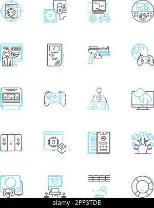 Lineare Symbole für Gaming-Websites. Virtuell, Online, Abenteuer, Action, Spaß, Wettbewerbs-, Gaming-Line-Vektor- und Konzeptzeichen. Unterhaltung, Strategie Stock Vektor