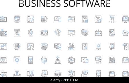 Symbolsammlung für Geschäftssoftware. Analyse, Intelligenz, Benchmarking, Trends, Berichte, Daten, Analysevektor und lineare Darstellung. Markt Stock Vektor