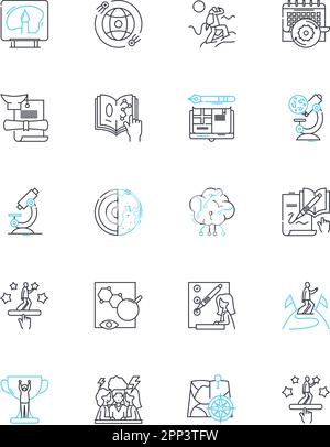 E-Learning Center – Lineare Symbole. Online, Interaktiv, Digital, Lernen, Bildung, Webbasierte, Vektor- und Konzeptschilder mit gemischten Linien. Multimedia Stock Vektor
