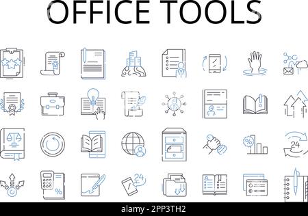 Sammlung von Zeilensymbolen für Office-Tools. Küchenbedarf, Sportausrüstung, Schulbedarf, Grafikdesign, Kfz-Teile, Haushaltsgegenstände, medizinisch Stock Vektor