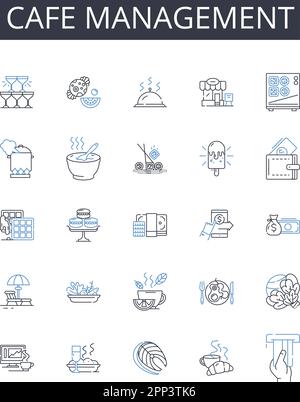 Sammlung der Symbole für die Café-Management-Linie. Restaurantleitung, Bistro-Verwaltung, Coffeehouse-Verwaltung, Eatery-Leitung, Tavern-Leitung, Bar Stock Vektor