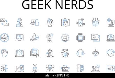 „Geek Nerds Line Icons“-Kollektion. Brainiacs, Savants, Technophile, Intellektuelle, Cognoscenti, Schlaue Bande, allwissende Vektoren und lineare Illustration Stock Vektor