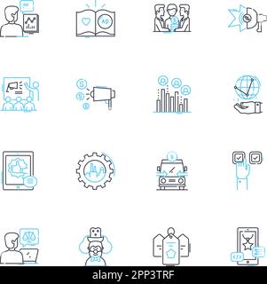 Lineare Symbole für soziale Forschung. Stichproben, Umfragen, Fragebögen, Fokusgruppen, Beobachtungen, Experimente, Datenlinienvektor und Konzeptzeichen Stock Vektor