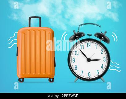 Reise Orange Reisetasche Koffer mit Uhr auf blauem Hintergrund, Reisezeit Konzept Stockfoto
