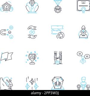 Lineare Symbole für „Leistung“ und „Anerkennung“ sind gesetzt. Leistung, Anerkennung, Exzellenz, Erfolg, Trophäe, Auszeichnung, Vektor der Siegeslinie und Konzeptzeichen Stock Vektor