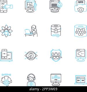 Lineare Symbole für Nerk Security eingestellt. Cybersicherheit, Schutz, Verschlüsselung, Verteidigung, Firewall, Antiviren, Überwachen von Linienvektoren und Konzeptzeichen Stock Vektor