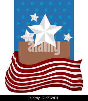 Patriotische Vorlage mit amerikanischem Design, dekoriert mit Streifen, Sternen und braunem Schild mit genähtem Rahmen. Stock Vektor