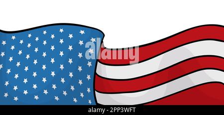 Gestreifte und sternenfarbene amerikanische Flagge mit Welleneffekt im Cartoon-Stil auf weißem Hintergrund. Stock Vektor