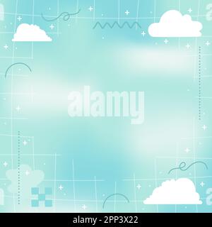 Pastellblau verschwommener zarter zarter Gitterverlauf abstrakter quadratischer Bannerhintergrund mit Kopierbereich und handgezeichneten Kawaii Y2K-Elementen – glatt und abgerundet Stock Vektor