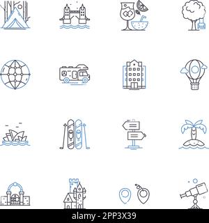 Kollektion der Liniensymbole der Ausflugsgruppe. Abenteuer, Erkundungen, Sightseeing, Spaß, Erlebnis, Freundschaft, Einheitsvektor und lineare Illustration Stock Vektor