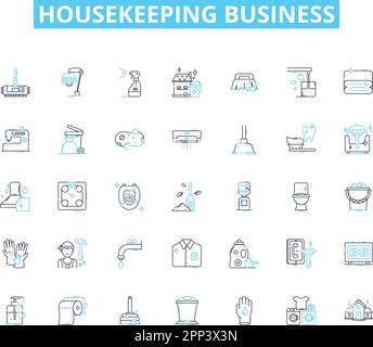 Lineare Symbole für das Housekeeping-Geschäft festgelegt. Sauberkeit, Hygiene, Sauberkeit, Schrubben, Staubwischen, Staubsaugen, Organisationslinienvektor und Konzeptzeichen Stock Vektor