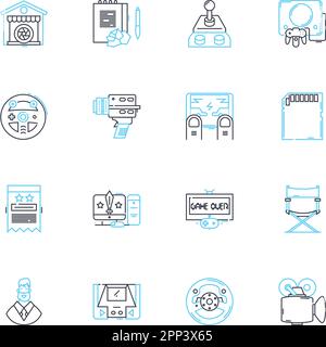 Lineare Symbole für die Videoproduktion eingestellt. Kinematographie, Editing, Beleuchtung, Scripting, Regie, Storyboarding, visuelle Linienvektoren und Konzeptschilder Stock Vektor