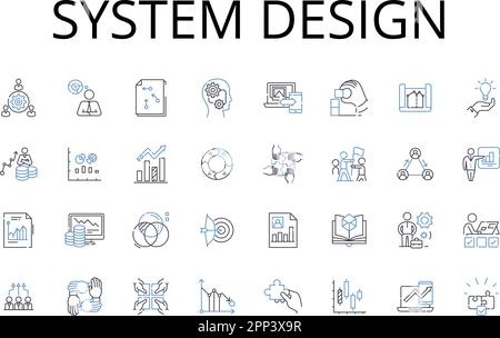 Symbolsammlung für Systemdesign-Linien. Strategische Planung, Budgetkontrolle, Marketingforschung, Datenanalyse, Finanzmanagement, Projektmanagement Stock Vektor