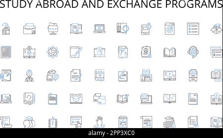 Studieren Sie im Ausland, und tauschen Sie Programme aus. Verschlüsselung, Firewall, Antivirus, Phishing, Malware, Hacking, Cyberkriminalität, Vektor und linear Stock Vektor