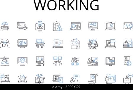 Symbolsammlung für Arbeitslinien. Arbeit, Engagiert, Beschäftigt, Beschäftigt, In Betrieb, Serviervektor, Toilettenvektor und lineare Darstellung. Funktionsweise, Handhabung Stock Vektor