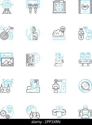 Lineare Symbole für digitale Fertigung festgelegt. Additive Fertigung, Robotik, Laserschneiden, D-Scanning, Materialwissenschaft, Rapid Prototyping, CNC-Linie Stock Vektor