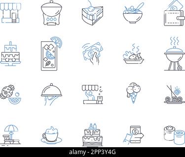 Food Service Management Line Icons Sammlung. Catering, Menü, Service, Gastgewerbe, Produktion, Inventar, Betriebsvektor und lineare Darstellung Stock Vektor