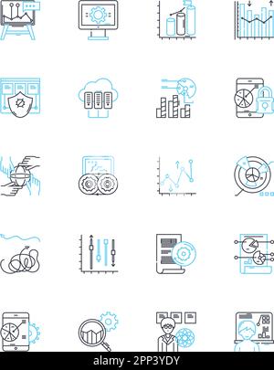 Lineare Symbole für Marktforschung. Umfrage, Analyse, Verbraucher, Daten, Fokusgruppe, Einblicke, demographische Linienvektoren und Konzeptzeichen. Zielgruppe Stock Vektor