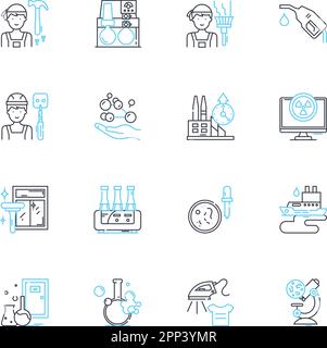 Lineare Symbolgruppe für chemische Fertigung. Synthese, Formel, Reaktanten, Produktion, Katalysator, Compound-, Destillationslinienvektor- und Konzeptzeichen Stock Vektor