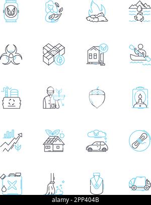 Klimapolitik - Lineare Symbole gesetzt. Emissionen, Nachhaltigkeit, Klimaschutz, Anpassung, Kohlenstoff, Erneuerbar, Reduktionslinienvektor und Konzeptzeichen Stock Vektor