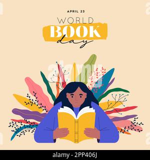 Weltbuchtag Grußkarte Illustration eines jungen Mädchens, das Buch liest, mit bunten Pflanzenblättern, die im Inneren wachsen, für das Lernkonzept. April Stock Vektor