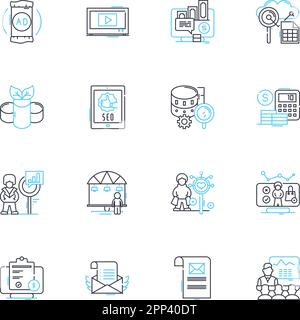 Lineare Symbole für Marktforschung. Umfrage, Fokusgruppe, Daten, Analyse, Zielgruppe, Probenahme, Insights Linienvektor und Konzeptzeichen. Wettbewerbsfähig Stock Vektor