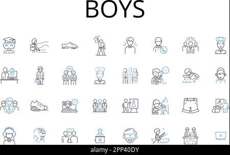 Boys Line Icons Kollektion. Männer, Jungs, Männer, Jungs, Brüder, Jungs, Gentlemen, Vektor und lineare Darstellung. Jungs, Jungs, Söhne umreißen Schilder Stock Vektor