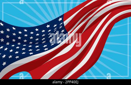 Banner mit blauem Hintergrund und schwenkender amerikanischer Flagge, mit durchsichtigem Rahmen dekoriert. Design im Cartoon-Stil. Stock Vektor