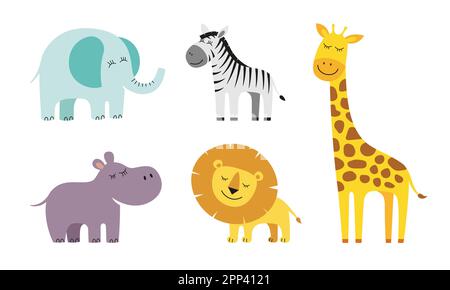 Süße Giraffen, Elefanten, Löwen, Zebras und Nilpferde im Cartoon-Stil. afrikanisches Baby-Wildtier-Set zeichnen. Freundliche, lächelnde Dschungel-Safari-Tiersammlung. Vector eps kreative Grafik handgezeichnete Drucke Stock Vektor