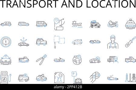 Symbolsammlung für Transport- und Standortlinien. Ransport, Pendelverkehr, Transfer, Transport, Versand, Transport, Importvektor und linear Stock Vektor