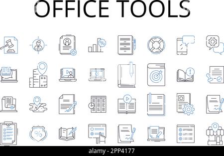 Sammlung von Zeilensymbolen für Office-Tools. Küchenbedarf, Sportausrüstung, Schulbedarf, Grafikdesign, Kfz-Teile, Haushaltsgegenstände, medizinisch Stock Vektor