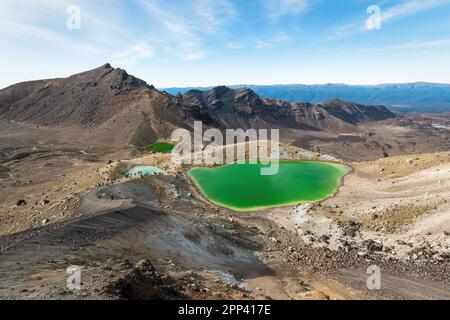 Wanderer steigen hinab in Richtung Emerald Lakes. Tongariro Alpine Crossing. Tongariro-Nationalpark. Neuseeland. Stockfoto