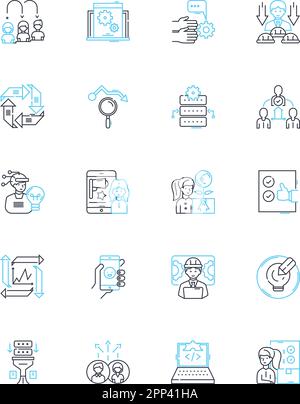 Lineare Symbole für Marketingtaktiken. SEO, Influencer, Social Media, Branding, Inhalte, E-Mail, Analytics Linienvektor und Konzeptzeichen. PPC, Partner Stock Vektor