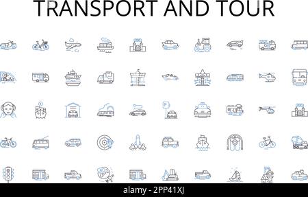 Symbolsammlung für Transport und Tour. Topographie, Projektion, Kartenerstellung, Geografie, Navigation, Terrain, Atlas-Vektor und lineare Darstellung Stock Vektor