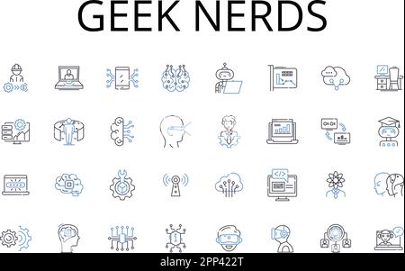 „Geek Nerds Line Icons“-Kollektion. Brainiacs, Savants, Technophile, Intellektuelle, Cognoscenti, Schlaue Bande, allwissende Vektoren und lineare Illustration Stock Vektor