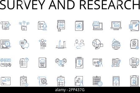 Sammlung von Symbolen für Umfragen und Forschungslinien. Volkszählung, Stichproben, Untersuchung, Abfrage, Prüfung, Abfrage, Analysevektor und lineare Darstellung Stock Vektor